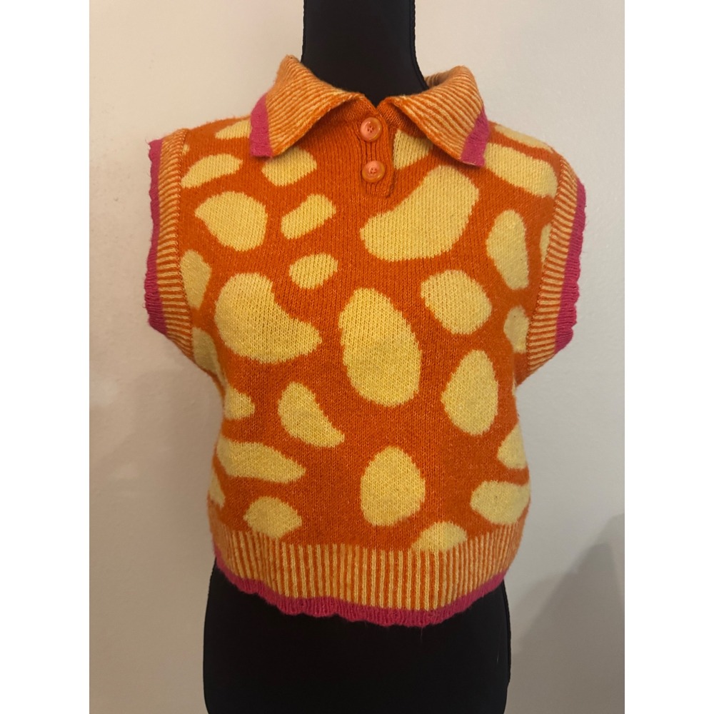 Zara Womens Orange Yellow Pink Abstract Animal Print Knit Polo Sweater Vest M